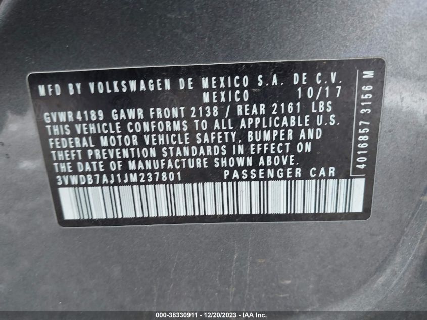 2018 VOLKSWAGEN JETTA SE/WOLFSBURG - 3VWDB7AJ1JM237801