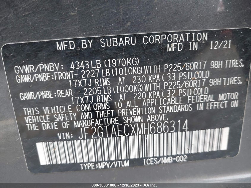 VIN JF2GTAECXMH686314 2021 SUBARU CROSSTREK PREMIUM
