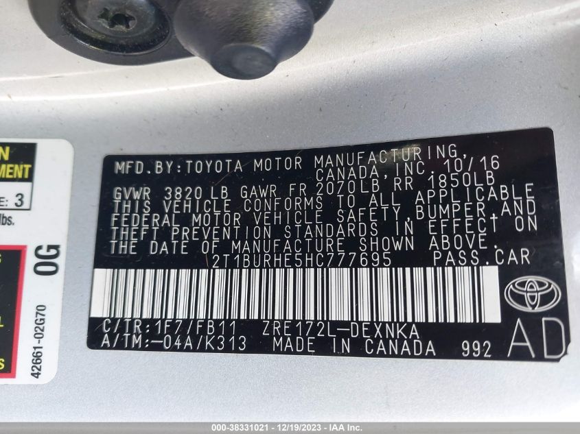 2T1BURHE5HC777695 | 2017 TOYOTA COROLLA