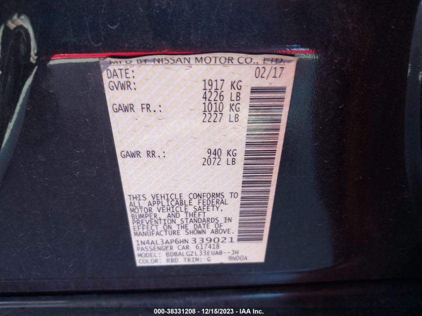 2017 NISSAN ALTIMA 2.5 S - 1N4AL3AP6HN339021