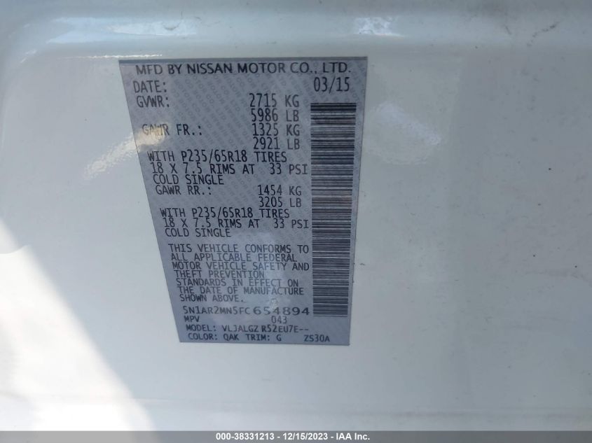 2015 NISSAN PATHFINDER SL - 5N1AR2MN5FC654894