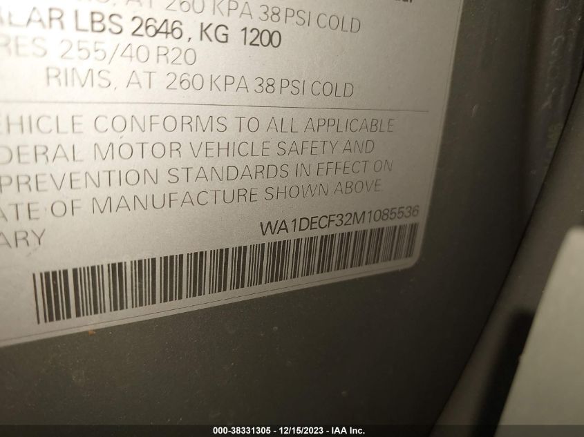 VIN WA1DECF32M1085536 2021 AUDI Q3 PREMIUM 45 TFSI S LINE QUATTRO TIPTRONIC