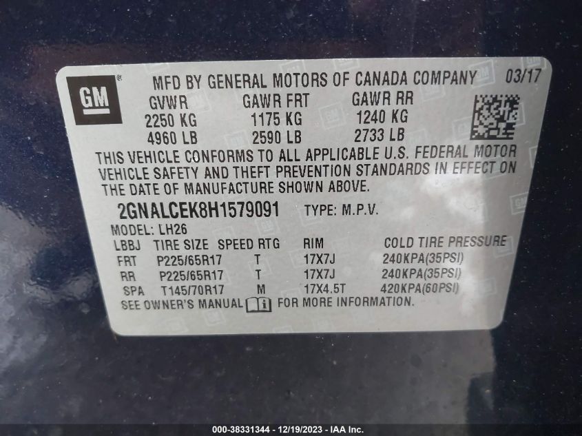 2017 CHEVROLET EQUINOX LT - 2GNALCEK8H1579091