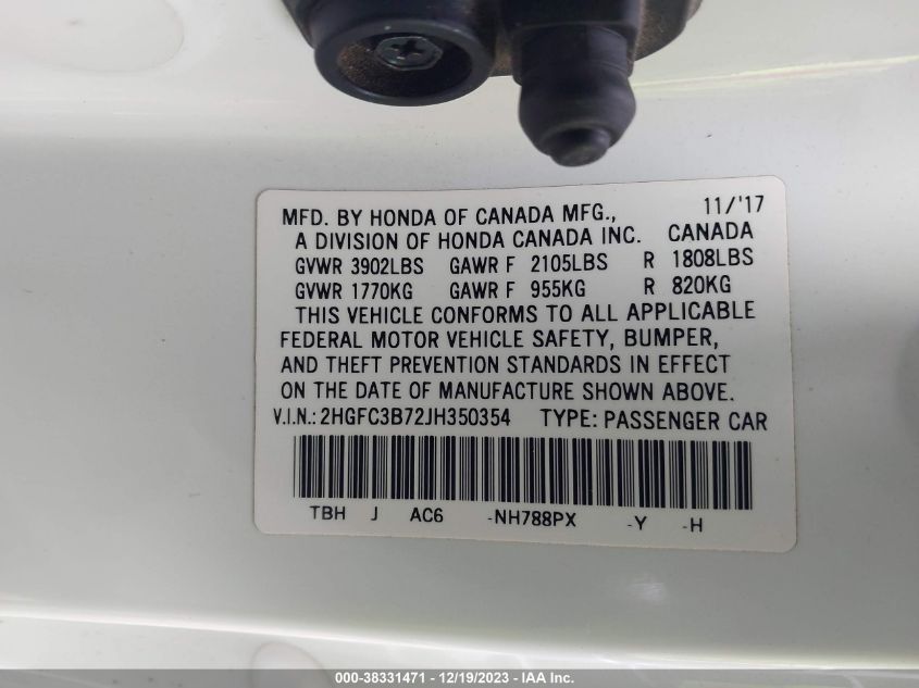2018 HONDA CIVIC EXL - 2HGFC3B72JH350354