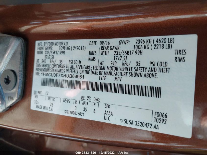 2017 FORD ESCAPE S - 1FMCU0F7XHUB64961