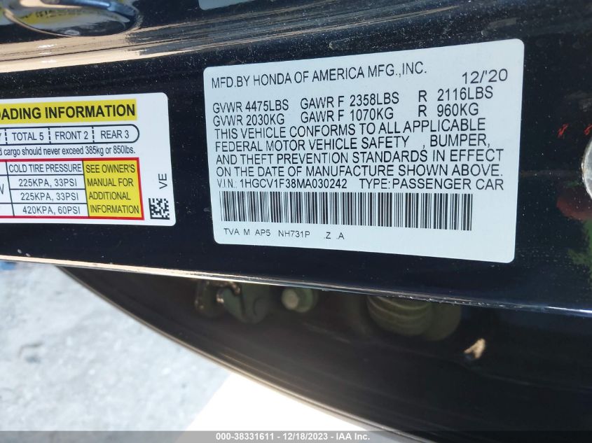 2021 HONDA ACCORD SPORT - 1HGCV1F38MA030242