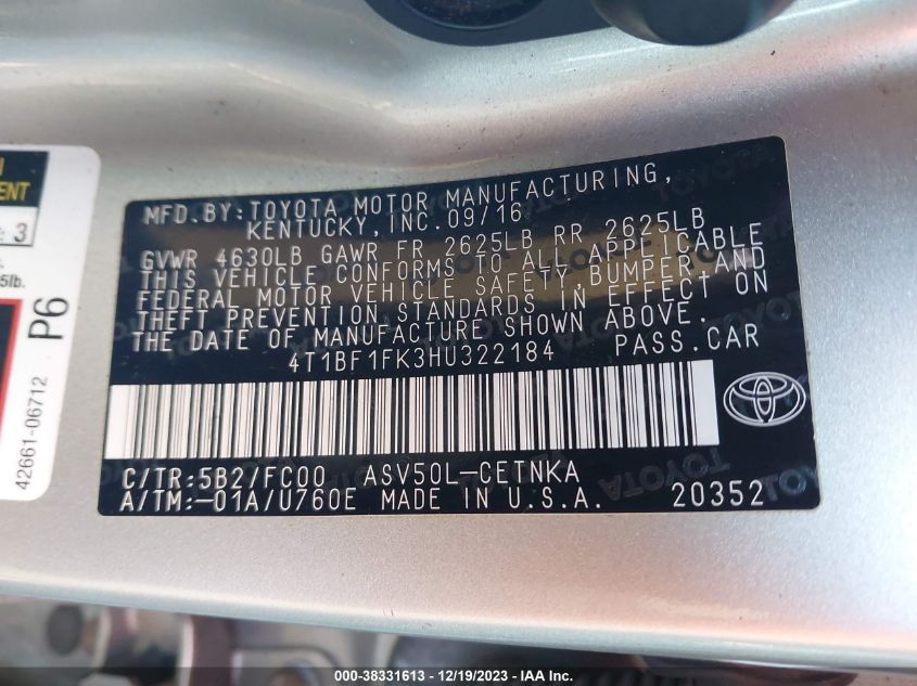 2017 TOYOTA CAMRY LE/XLE/SE/XSE - 4T1BF1FK3HU322184