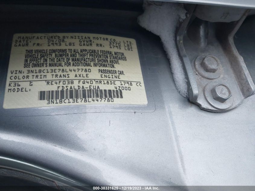 3N1BC13E78L447780 | 2008 NISSAN VERSA