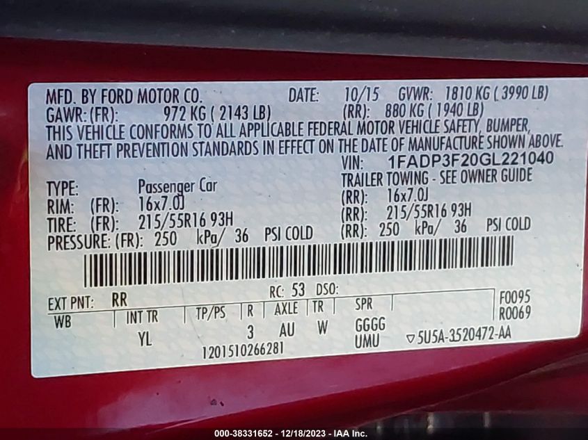 2016 FORD FOCUS SE - 1FADP3F20GL221040