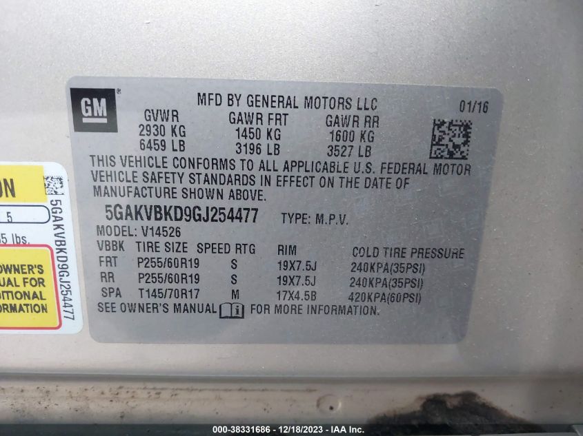 2016 BUICK ENCLAVE - 5GAKVBKD9GJ254477
