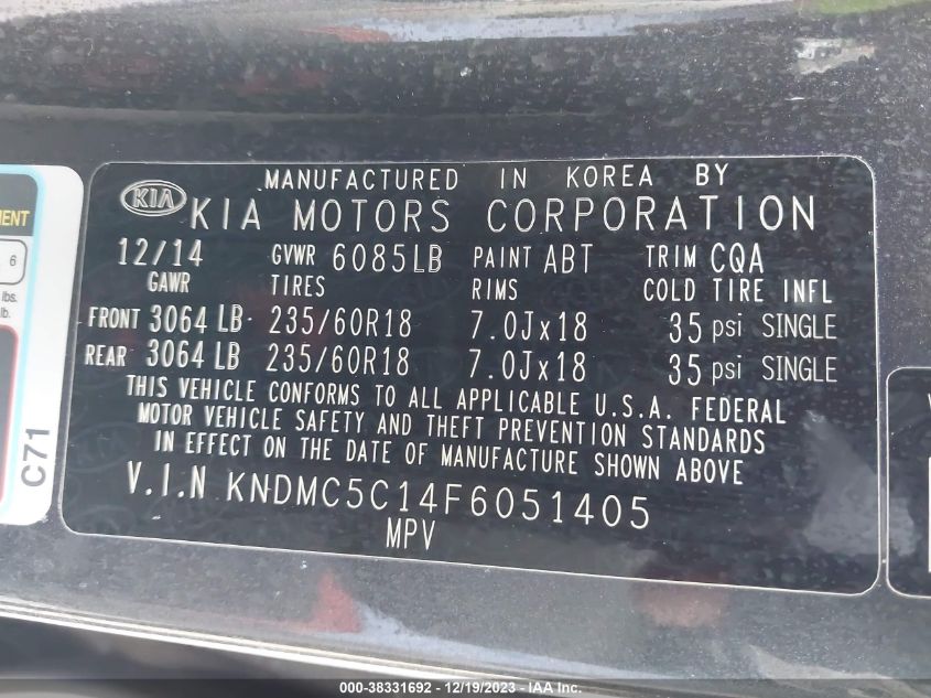 2015 KIA SEDONA EX - KNDMC5C14F6051405