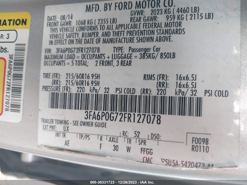 2015 FORD FUSION S - 3FA6P0G72FR127078