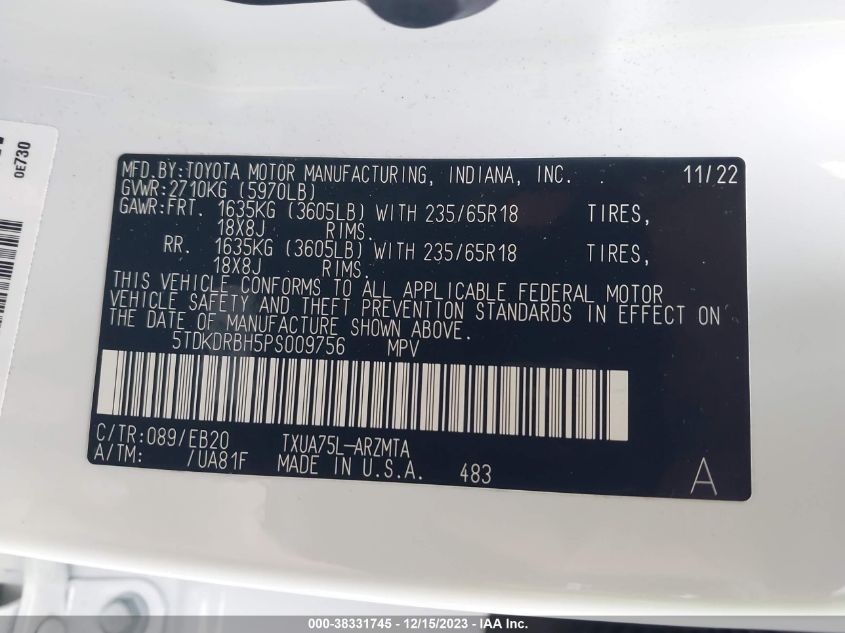2023 TOYOTA HIGHLANDER XLE - 5TDKDRBH5PS009756