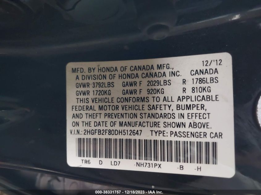 2013 HONDA CIVIC EX - 2HGFB2F80DH512647
