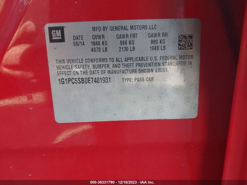 2014 CHEVROLET CRUZE LT - 1G1PC5SB0E7401931