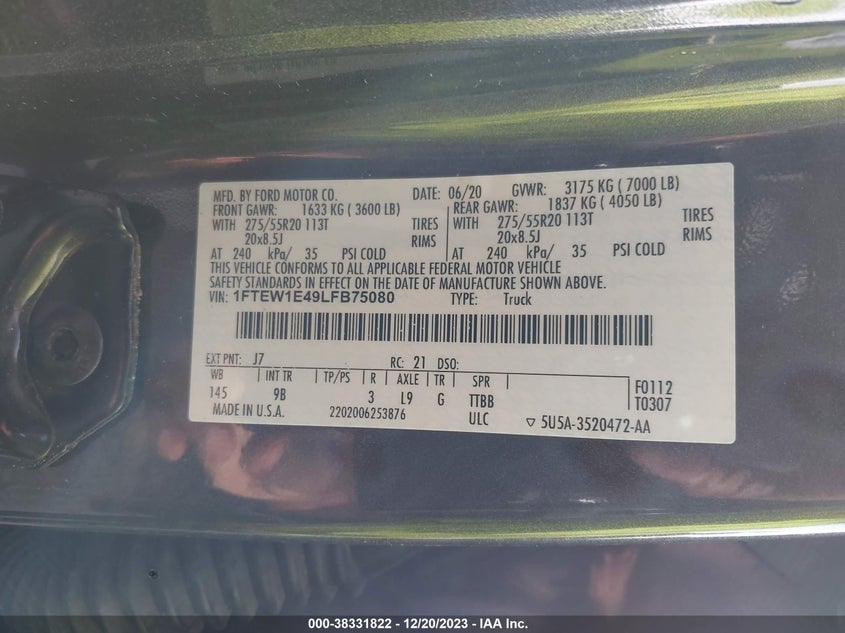 VIN 1FTEW1E49LF875080 2020 FORD F150 SUPERCREW