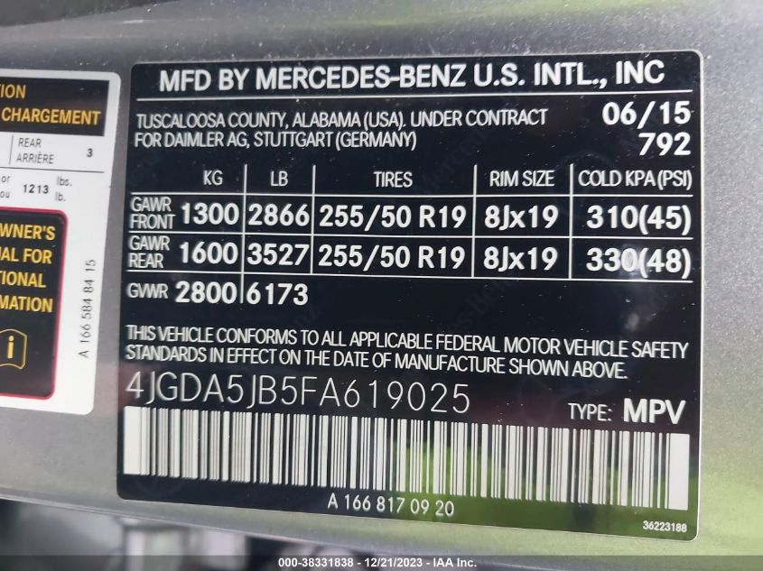 2015 MERCEDES-BENZ ML 350 4JGDA5JB5FA619025
