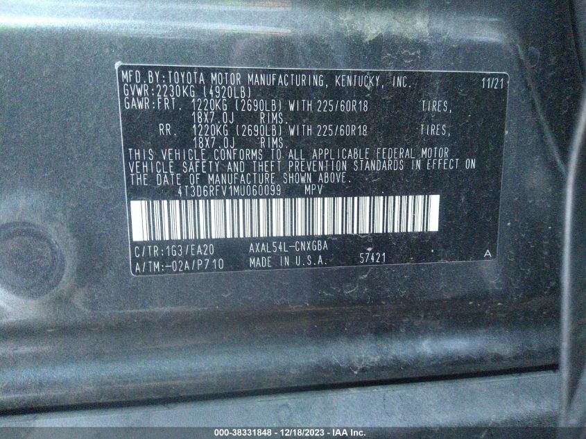 2021 TOYOTA RAV4 LIMITED - 4T3D6RFV1MU060099