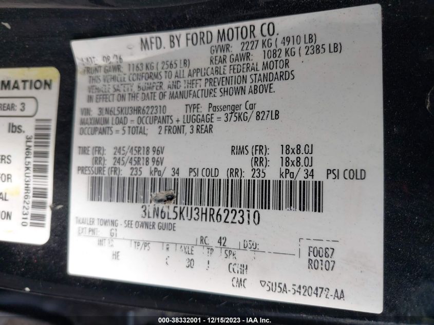 2017 LINCOLN MKZ HYBRID PREMIERE - 3LN6L5KU3HR622310