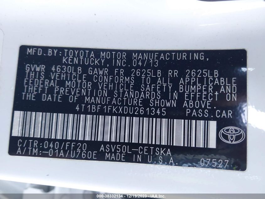 2013 TOYOTA CAMRY L/SE/LE/XLE - 4T1BF1FKXDU261345