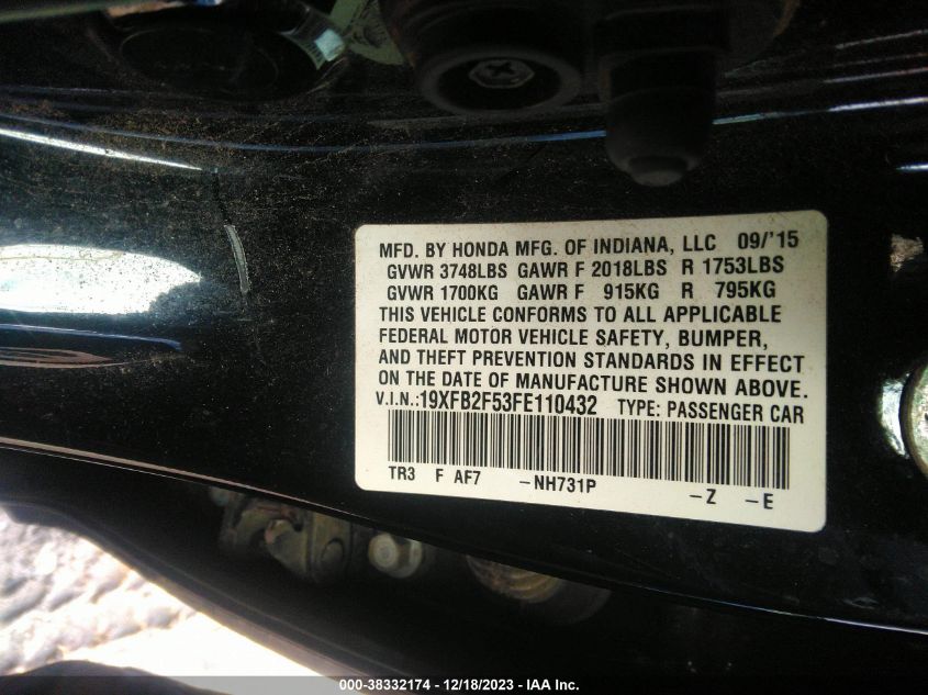 2015 HONDA CIVIC LX - 19XFB2F53FE110432