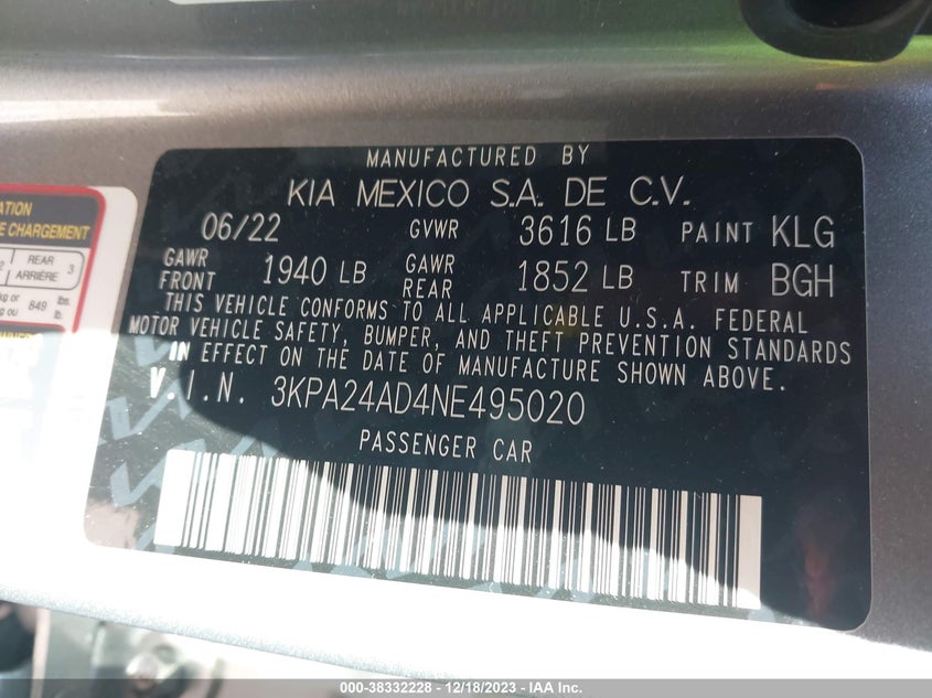 VIN 3KPA24AD4NE495020 2022 KIA RIO LX/S