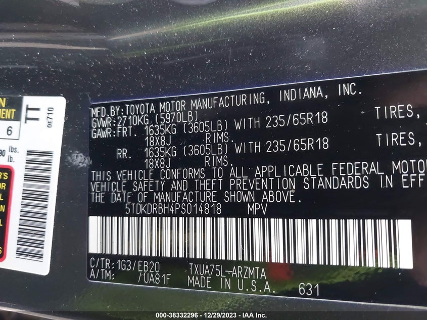 VIN 5TDKDRBH4PS014818 2023 TOYOTA HIGHLANDER XLE