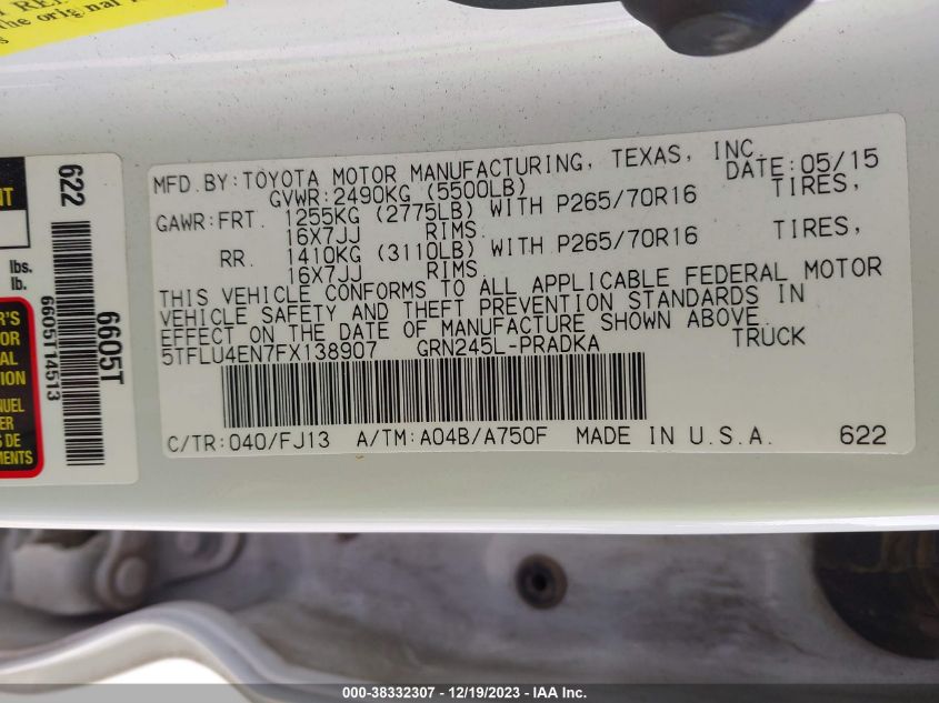 2015 TOYOTA TACOMA BASE V6 - 5TFLU4EN7FX138907