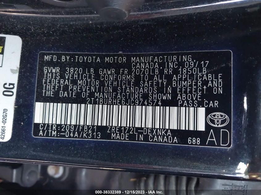 2018 TOYOTA COROLLA LE - 2T1BURHE6JC974574