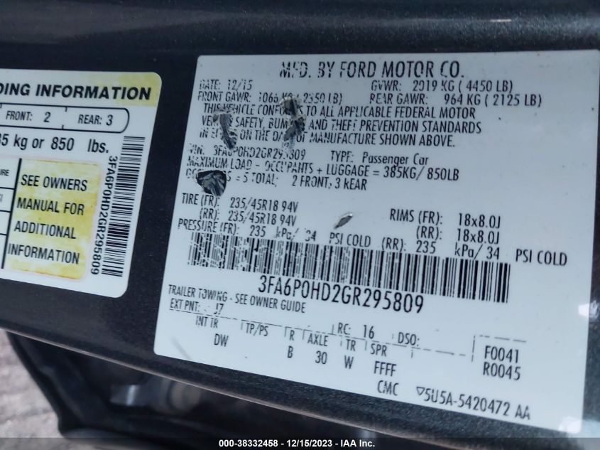 3FA6P0HD2GR295809 | 2016 FORD FUSION