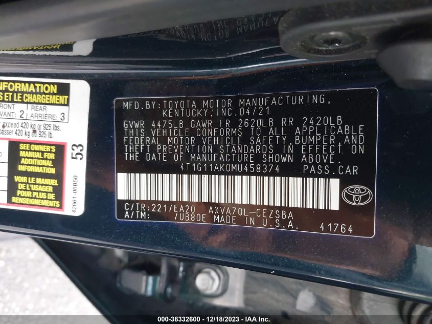 2021 TOYOTA CAMRY SE - 4T1G11AK0MU458374