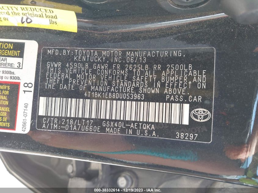 2013 TOYOTA AVALON PREMIUM/TOURING/LIMITED - 4T1BK1EB8DU053963
