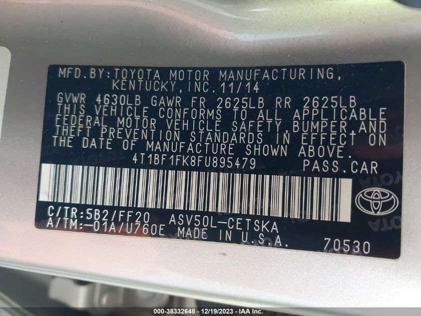2015 TOYOTA CAMRY LE/XLE/SE/XSE - 4T1BF1FK8FU895479