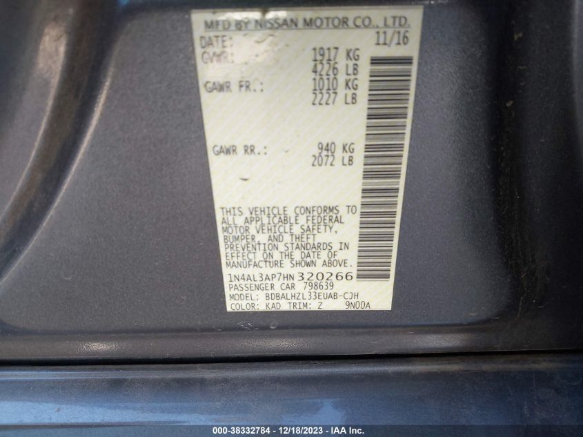 2017 NISSAN ALTIMA 2.5/S/SV/SL/SR - 1N4AL3AP7HN320266