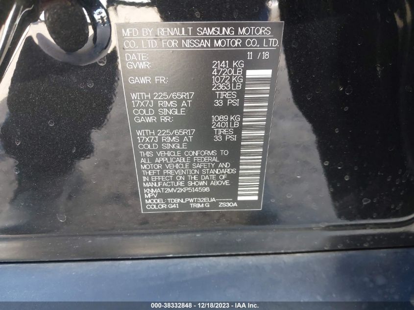 2019 NISSAN ROGUE S/SV - KNMAT2MV2KP514598