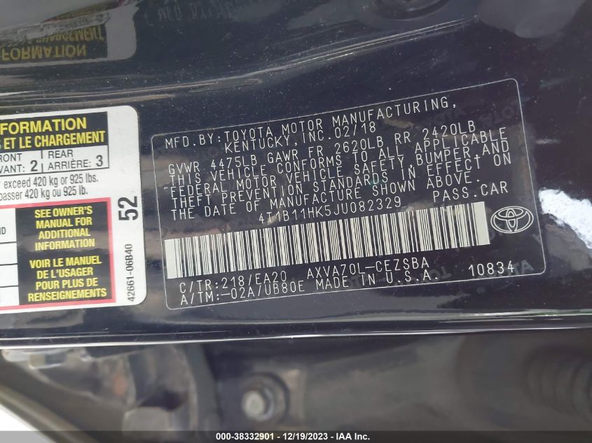 2018 TOYOTA CAMRY L/LE/XLE/SE/XSE - 4T1B11HK5JU082329