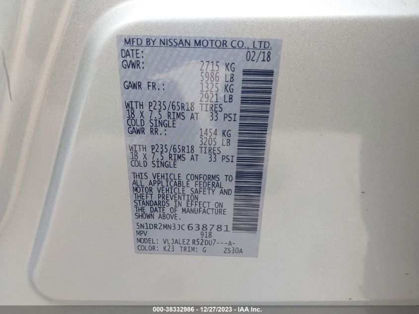 2018 NISSAN PATHFINDER SV - 5N1DR2MN3JC638781