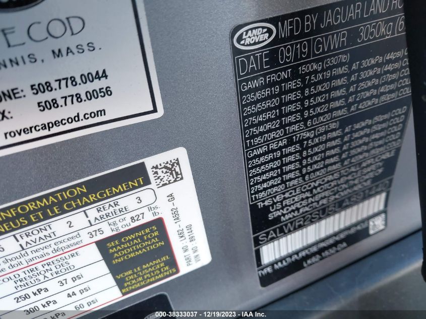 2020 LAND ROVER RANGE ROVER SPORT HSE - SALWR2SU5LA891440