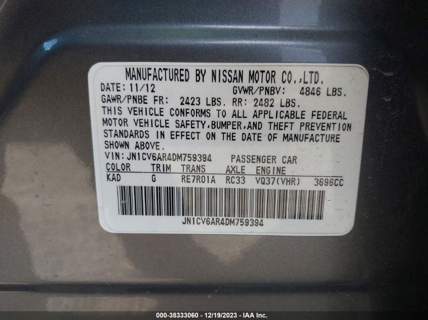 2013 INFINITI G37X - JN1CV6AR4DM759394