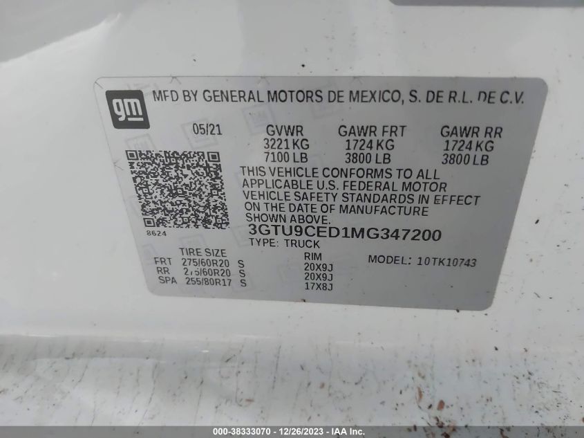 2021 GMC SIERRA 1500 4WD  STANDARD BOX ELEVATION - 3GTU9CED1MG347200