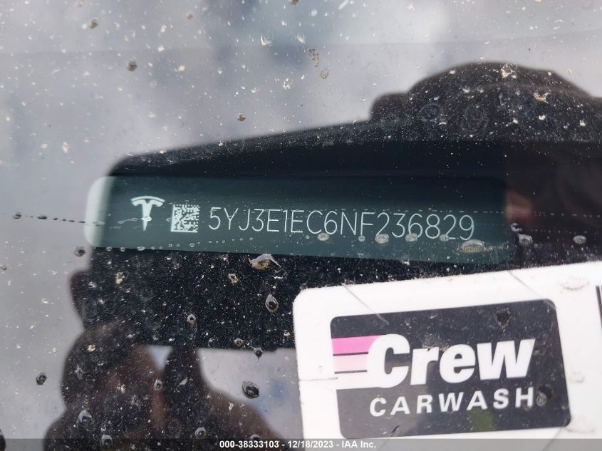 VIN: 5YJ3E1EC6NF236829 2022 TESLA MODEL 3