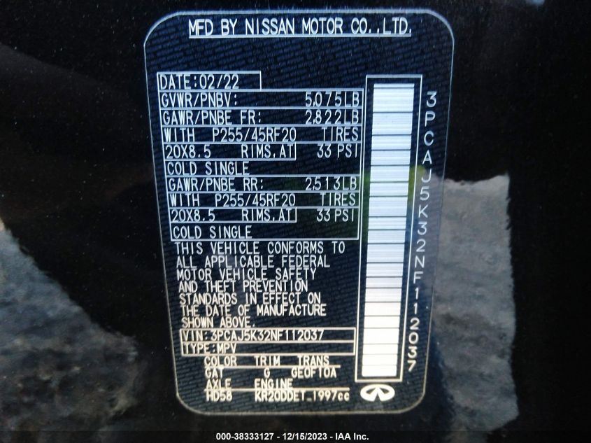 2022 INFINITI QX55 ESSENTIAL AWD - 3PCAJ5K32NF112037
