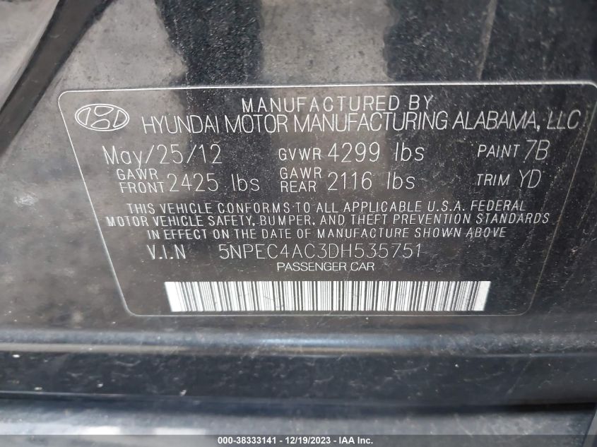 2013 HYUNDAI SONATA LIMITED - 5NPEC4AC3DH535751
