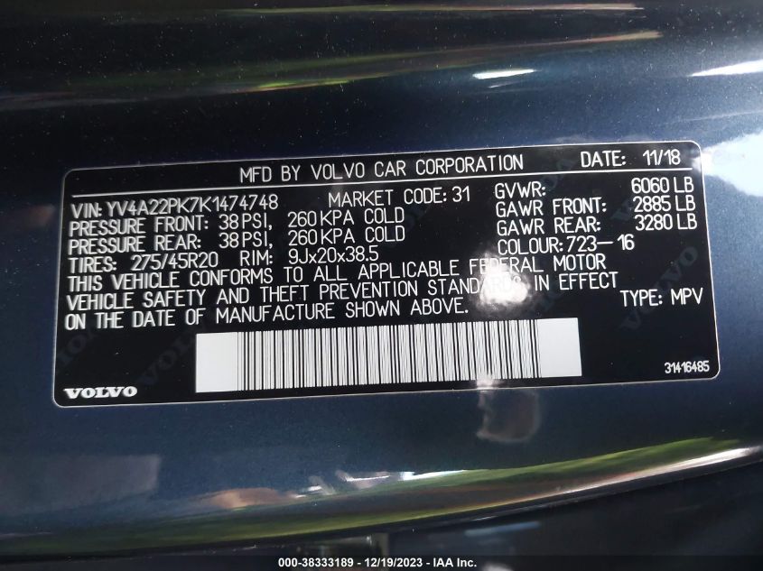 2019 VOLVO XC90 T6 MOMENTUM - YV4A22PK7K1474748