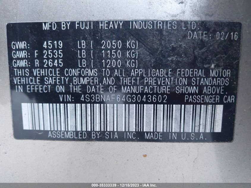 2016 SUBARU LEGACY 2.5I PREMIUM - 4S3BNAF64G3043602