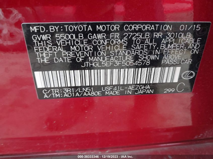 2015 LEXUS LS 460 L JTHGL5EF3F5054578