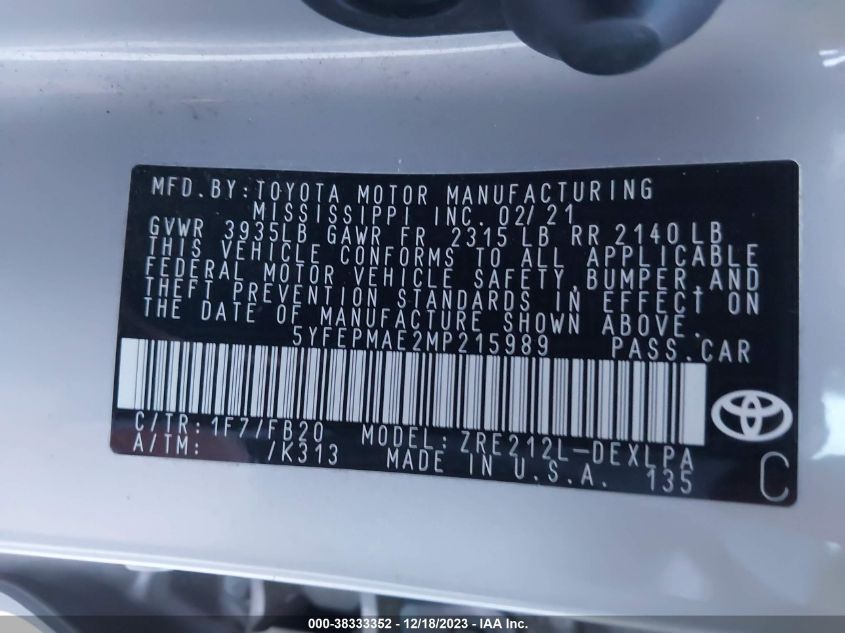 2021 TOYOTA COROLLA LE - 5YFEPMAE2MP215989