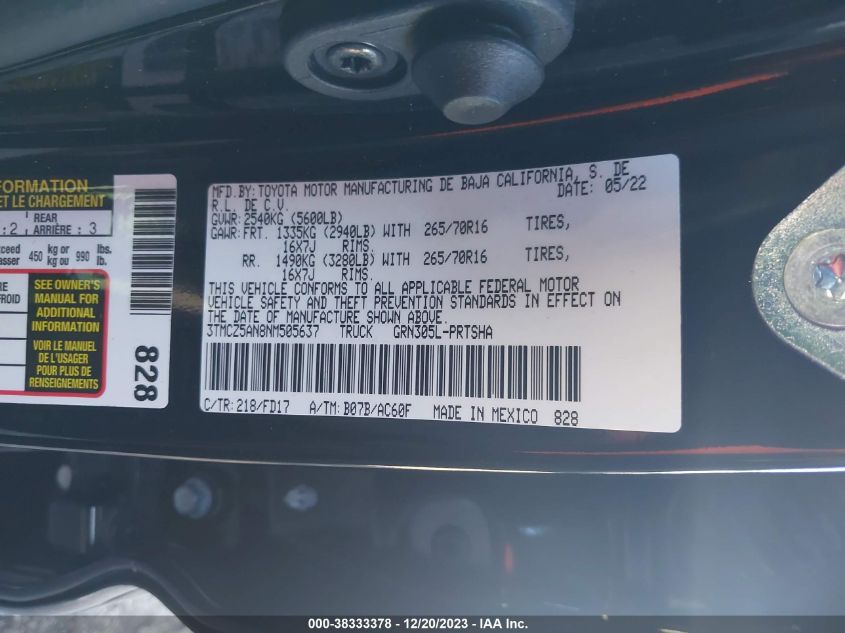 2022 TOYOTA TACOMA DOUBLE CAB/SR/SR5/TRD SPORT/TRD OFF ROAD/TRD PRO - 3TMCZ5AN8NM505637