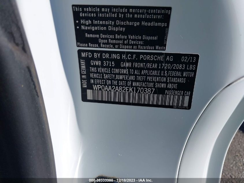 2014 PORSCHE CAYMAN WP0AA2A82EK170387