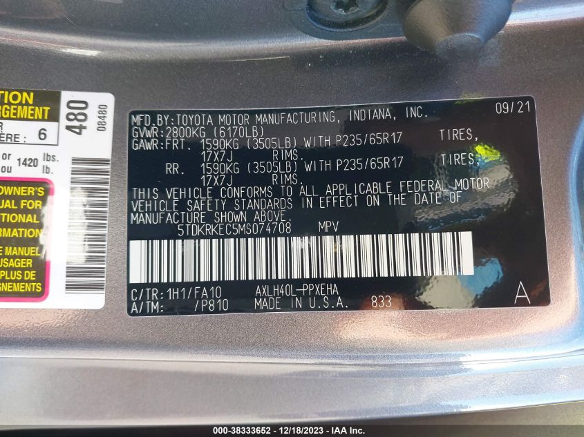 5TDKRKEC5MS074708 2021 TOYOTA SIENNA, photo no. 9